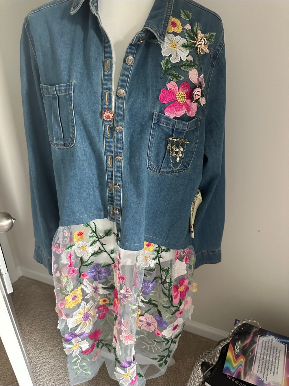 Aratta Blue Denim Jacket with Multicolor Floral Embroidery